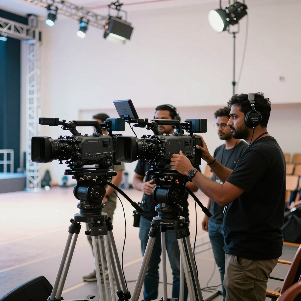 Camera crew handling event production setup